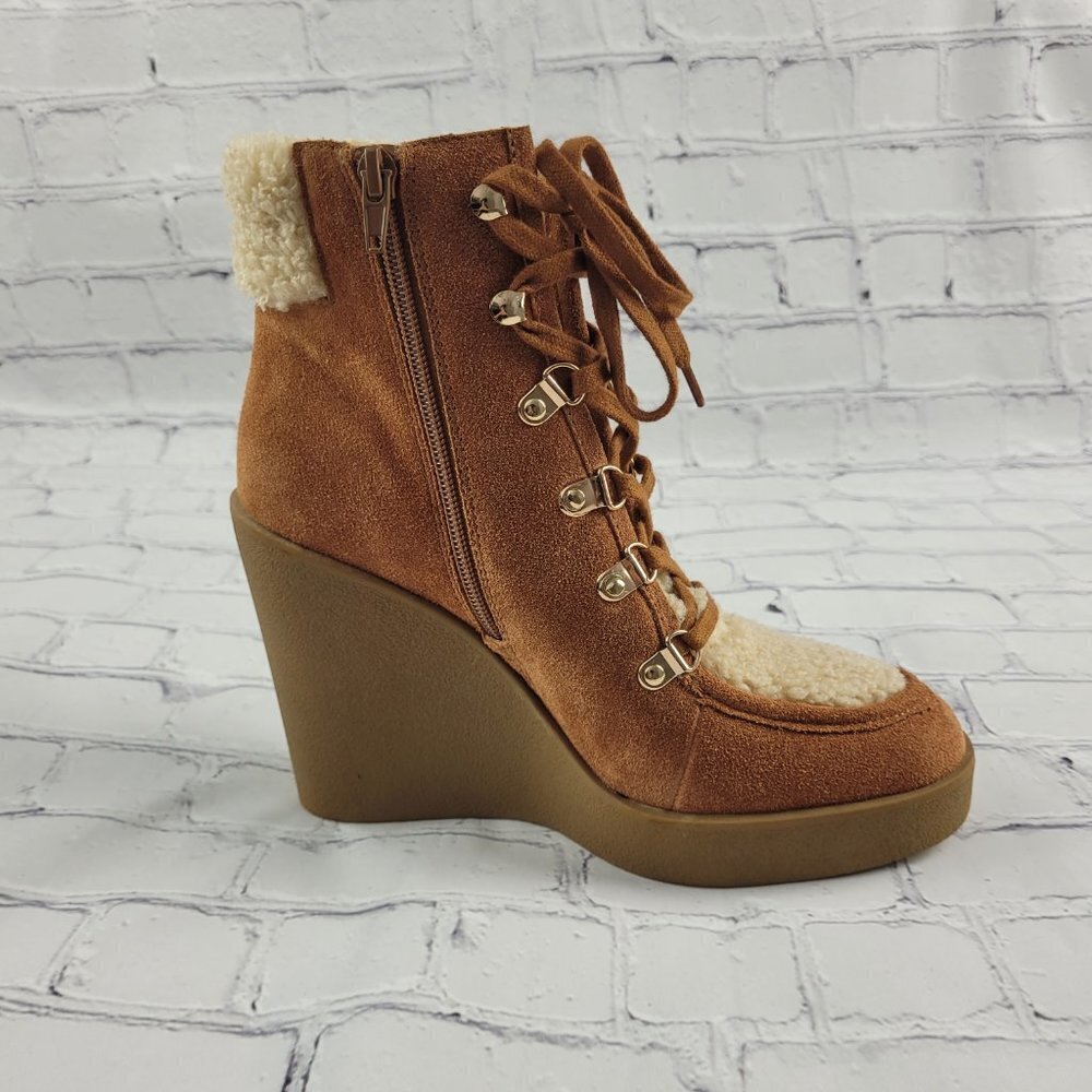 NEW Jessica Simpson Maelyn Wedge Bootie Brown Caramel Combo Leather Suede Sherpa - Picture 3 of 11